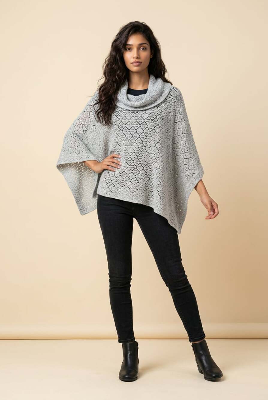 WinterSilks Grey Silk Blend Crochet Knit Poncho Cape